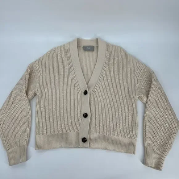 Everlane Boxy Cardigan Organic Everyday Cotton Medium Canvas White Sweater VNeck - Picture 3 of 8